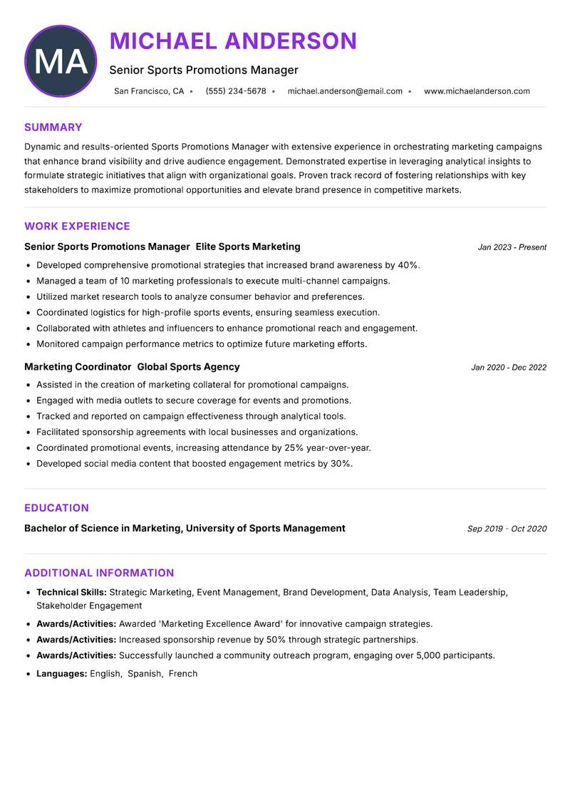 Sports Promotions Manager Resume Preview Example