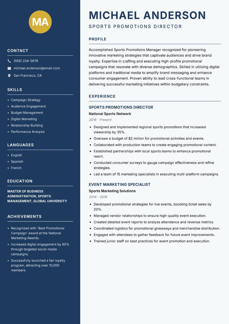 Sports Promotions Manager Resume Preview Example