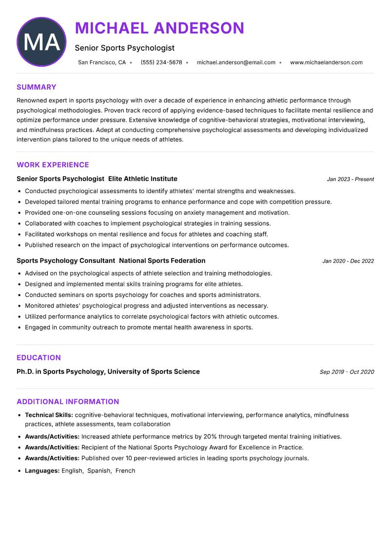 Sports Psychology Scientist Resume Preview Example