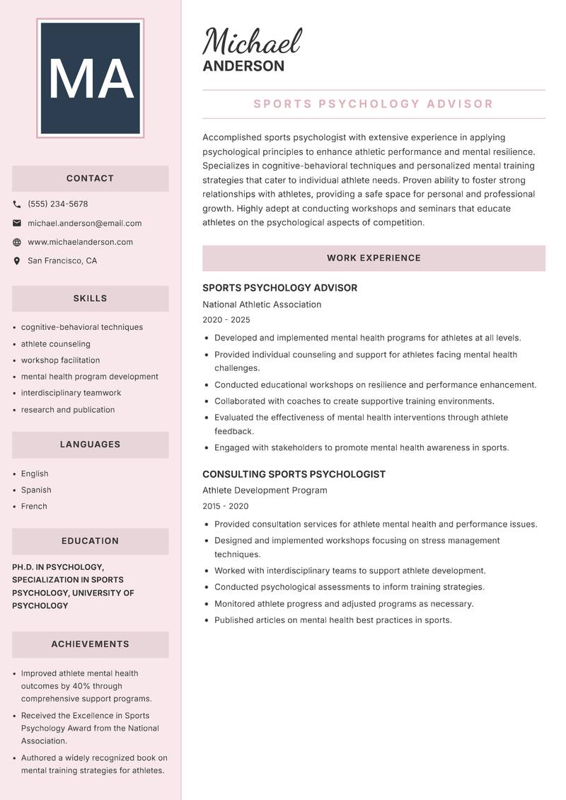 Sports Psychology Scientist Resume Preview Example