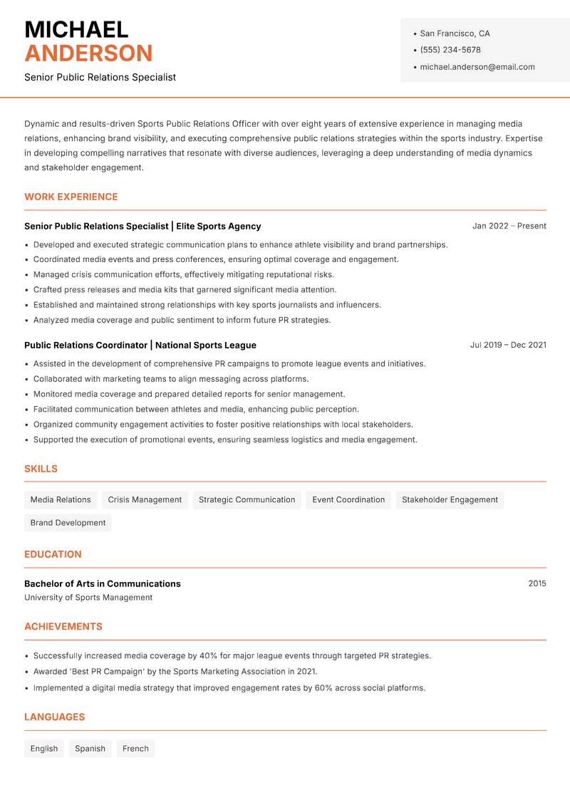 Sports Public Relations Officer Resume Template