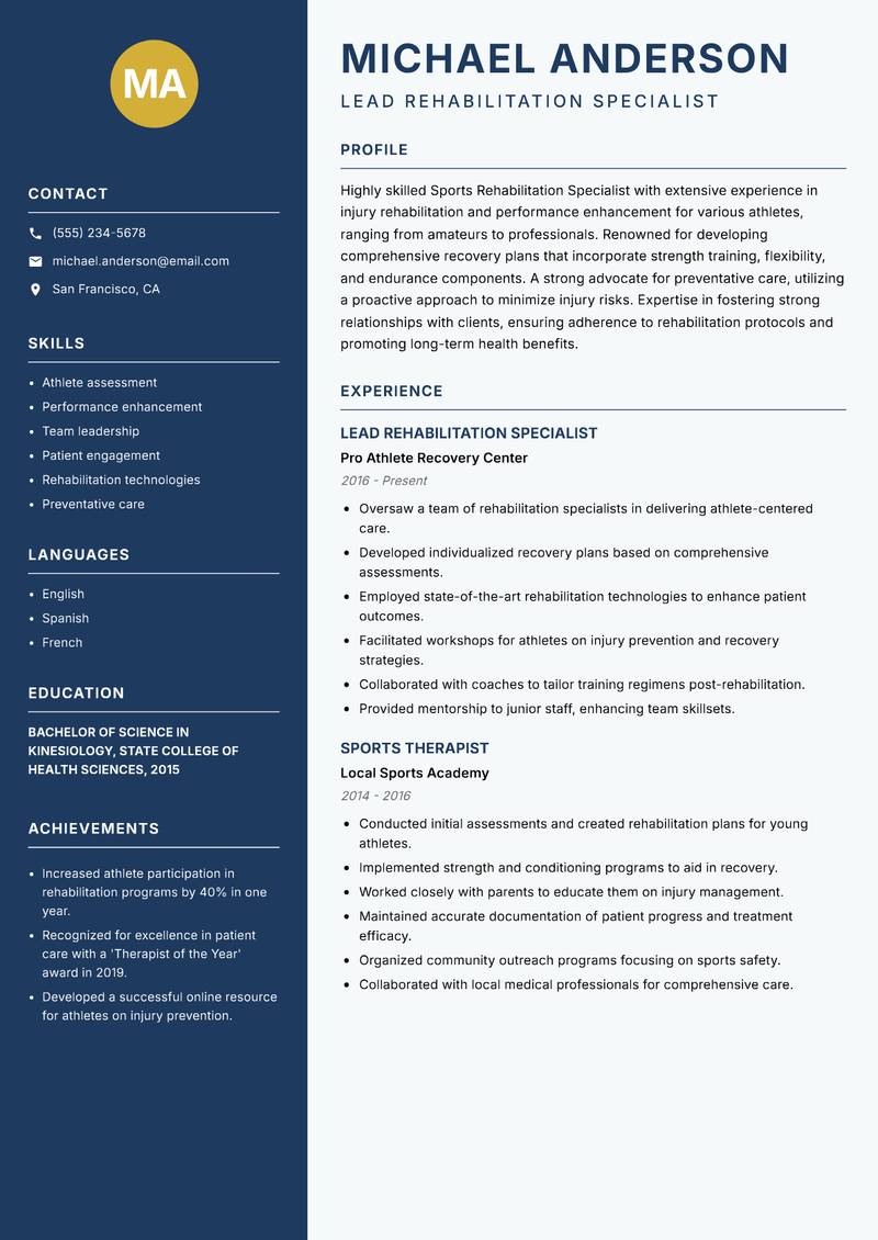 Sports Rehabilitation Specialist Resume Preview Example