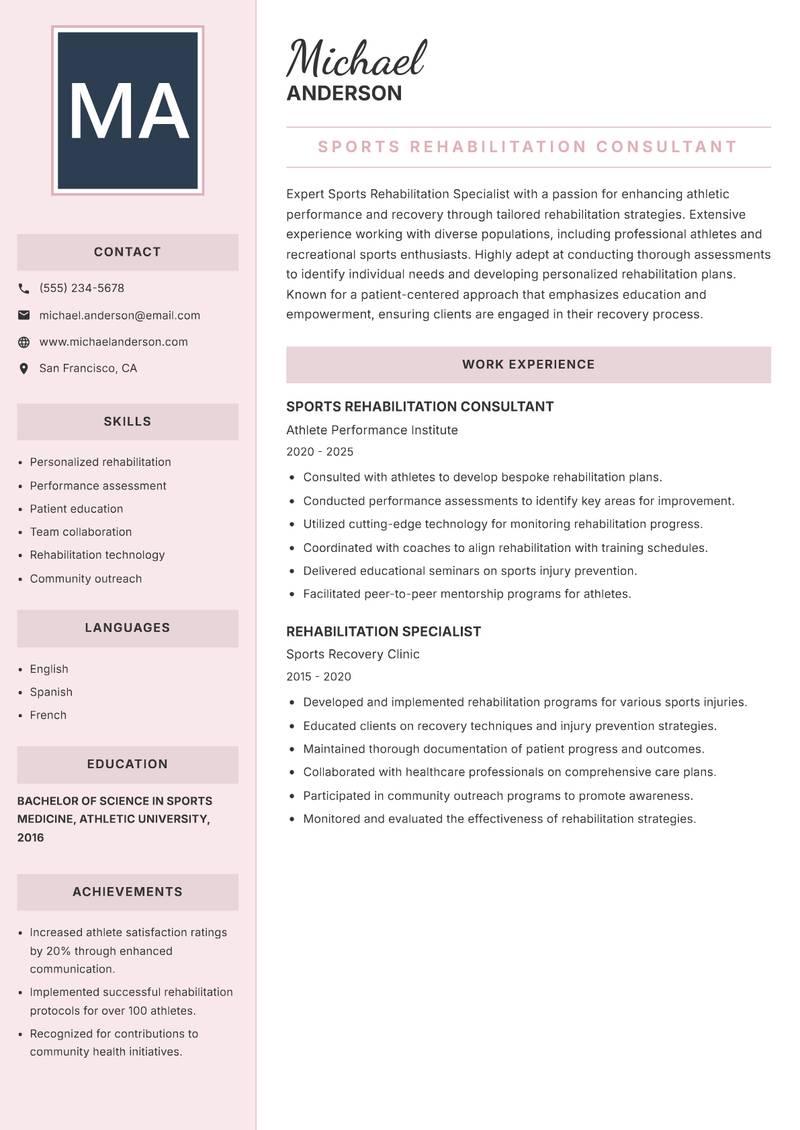 Sports Rehabilitation Specialist Resume Preview Example