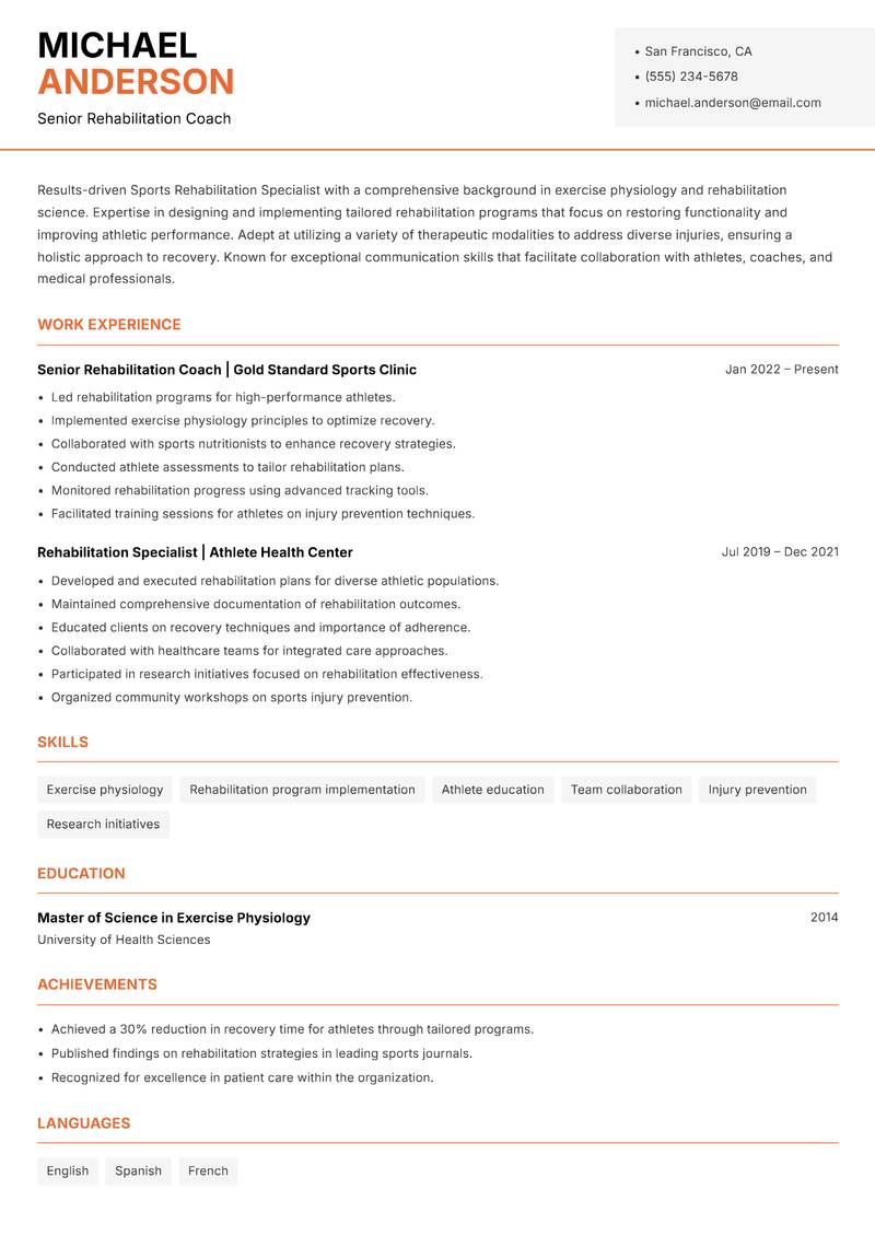 Sports Rehabilitation Specialist Resume Template