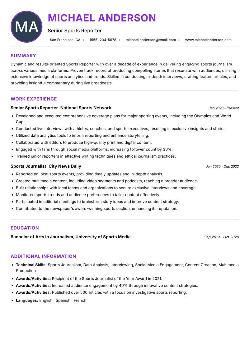 Sports Reporter Resume Preview Example