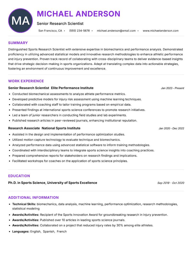 Sports Research Scientist Resume Preview Example