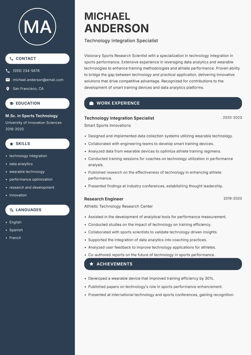 Sports Research Scientist Resume Preview Example