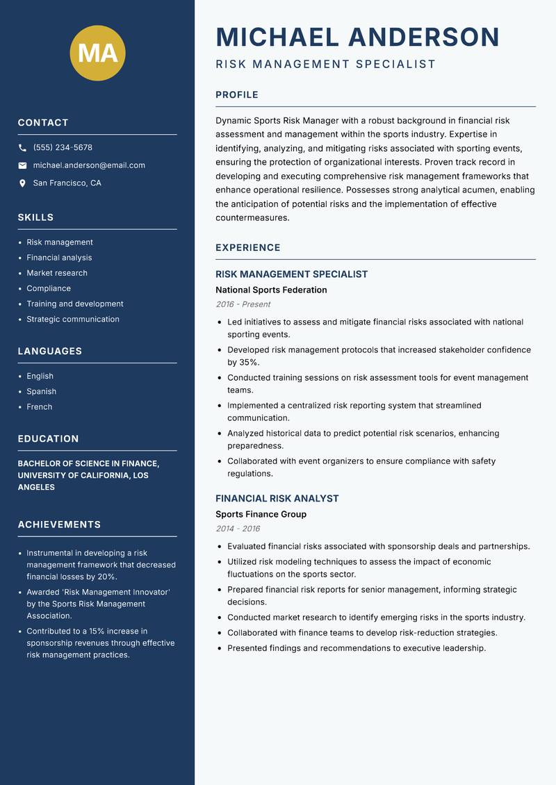 Sports Risk Manager Resume Preview Example