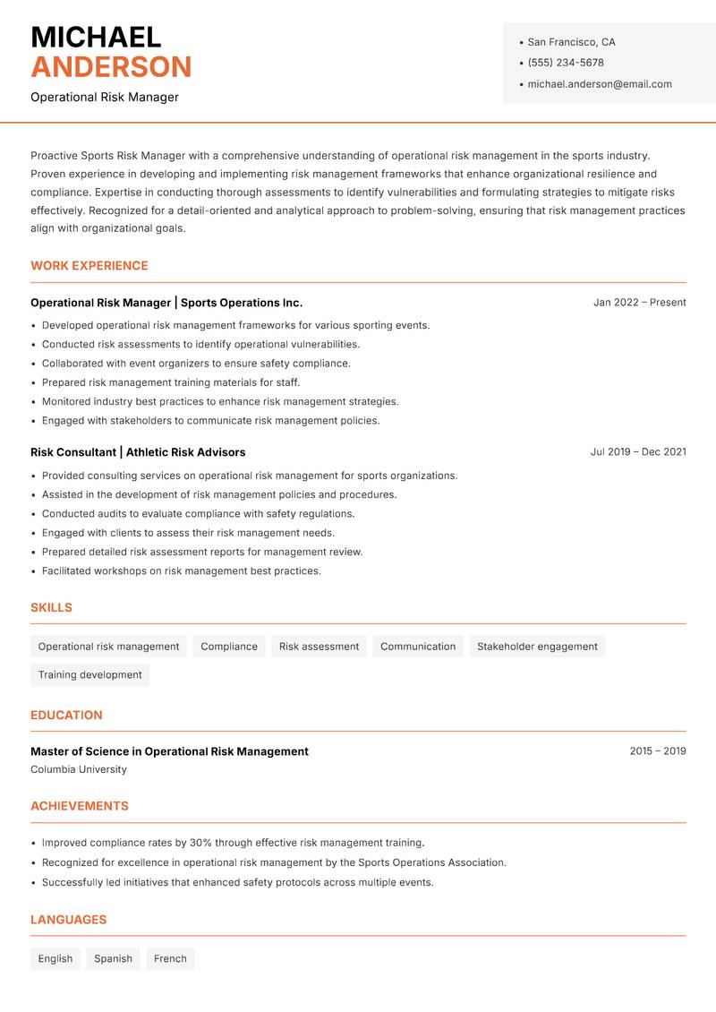Sports Risk Manager Resume Template
