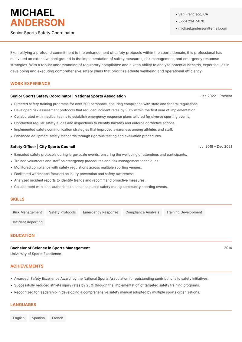 Sports Safety Officer Resume Template