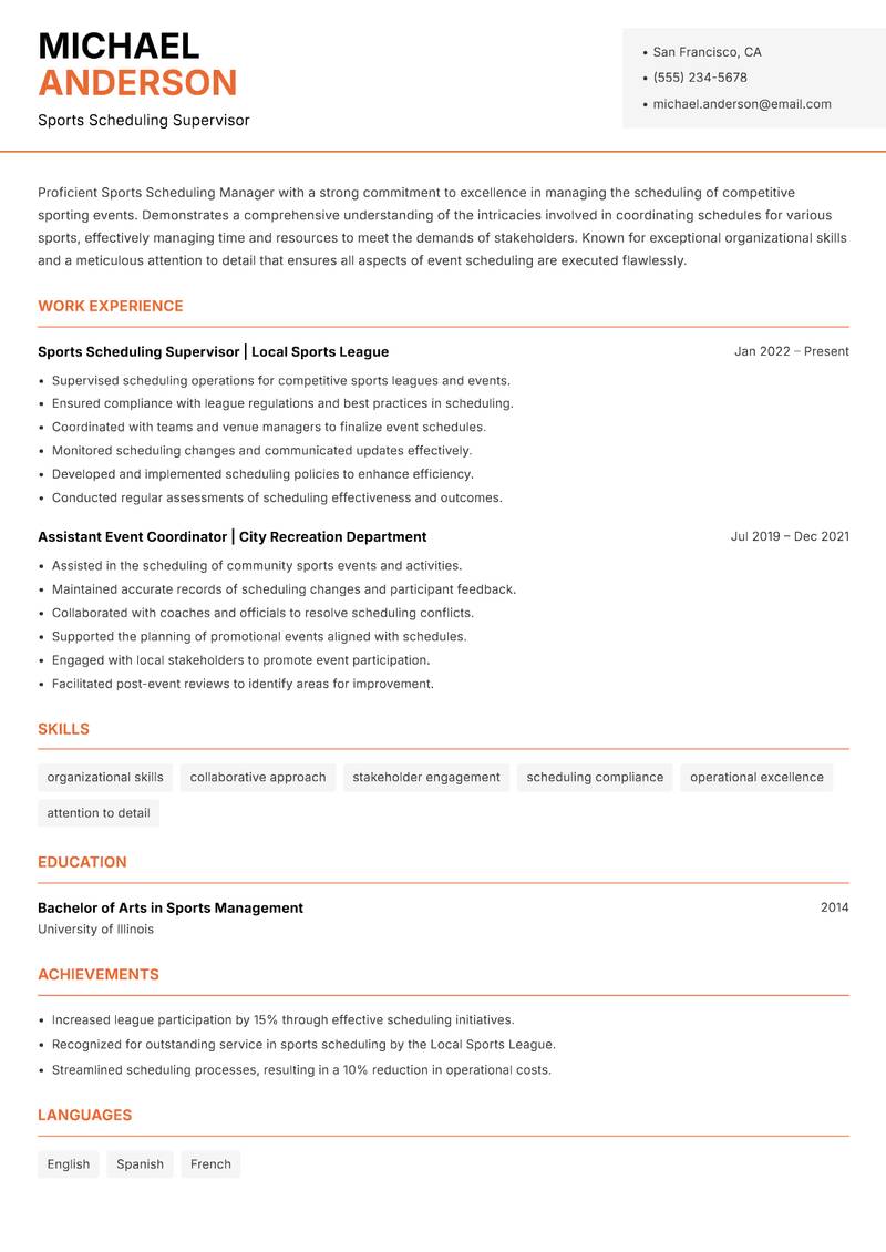 Sports Scheduling Manager Resume Template