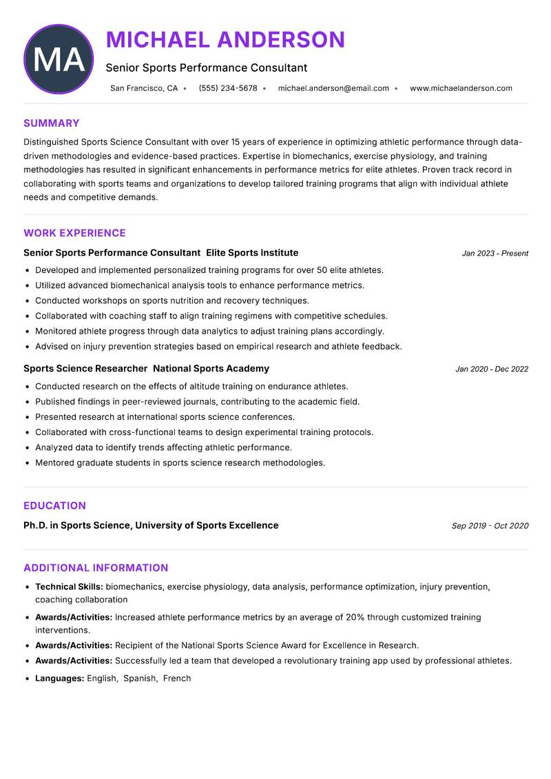 Sports Science Consultant Resume Preview Example