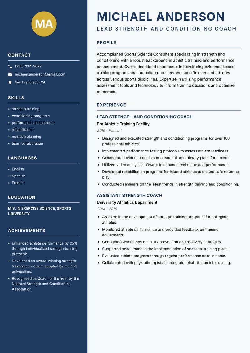 Sports Science Consultant Resume Preview Example