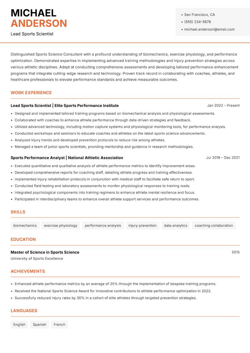 Sports Science Consultant Resume Template