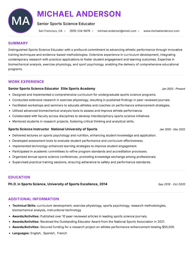 Sports Science Educator Resume Preview Example