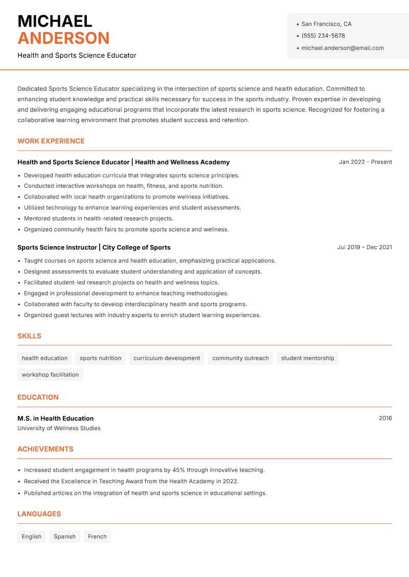 Sports Science Educator Resume Template