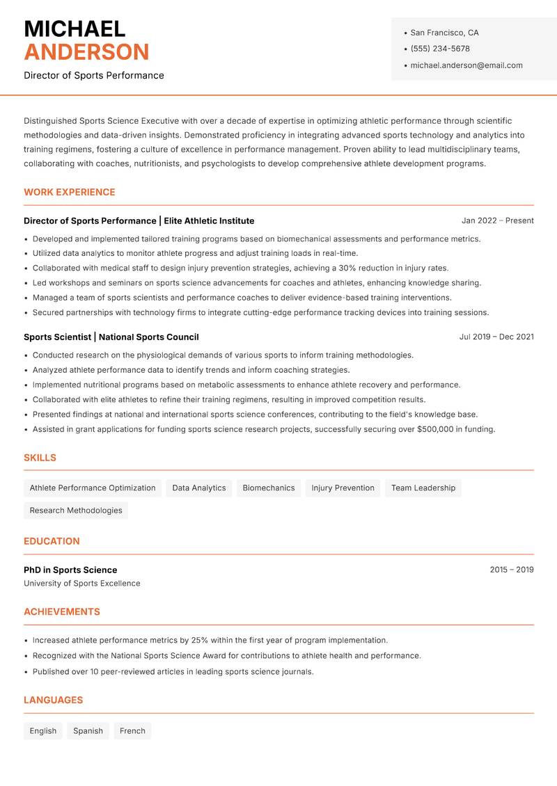 Sports Science Executive Resume Template