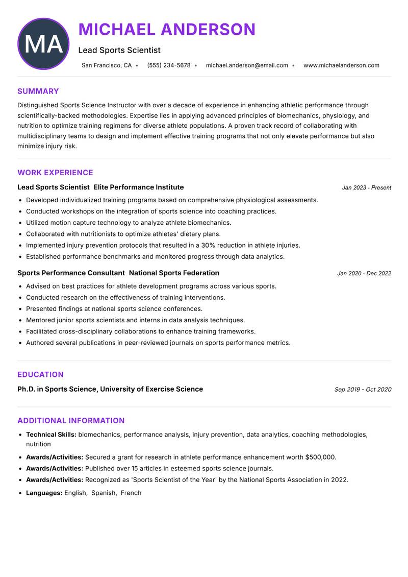 Sports Science Instructor Resume Preview Example