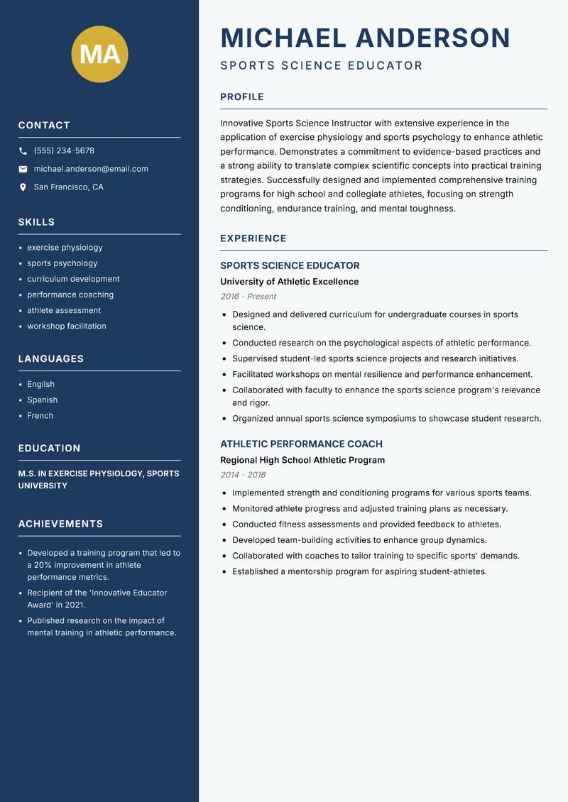 Sports Science Instructor Resume Preview Example