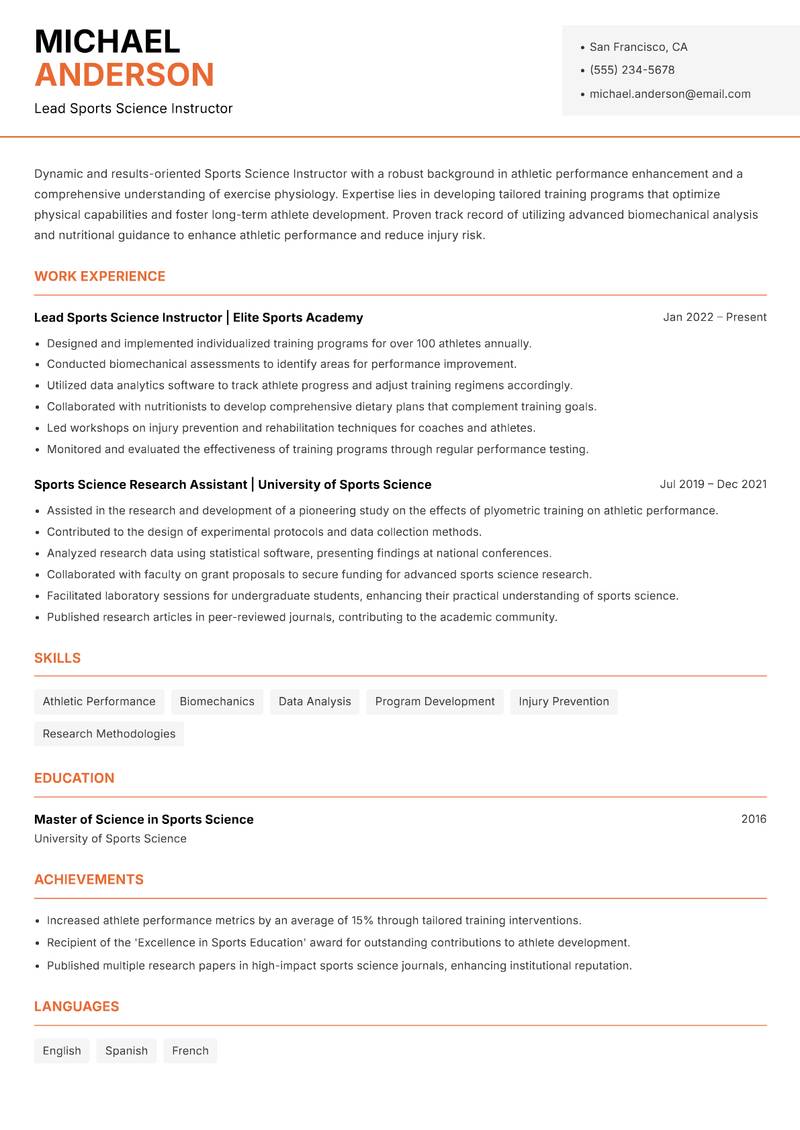 Sports Science Instructor Resume Template