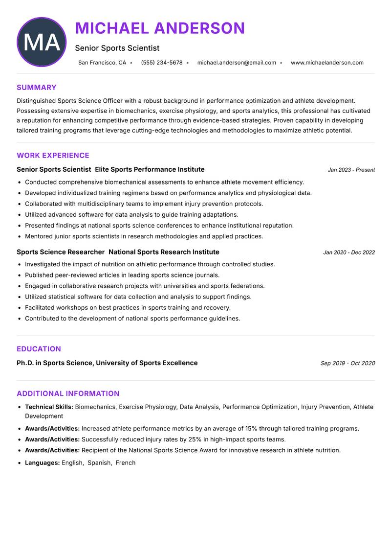 Sports Science Officer Resume Preview Example