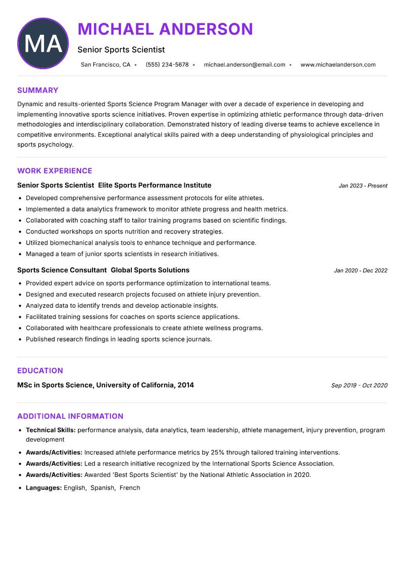 Sports Science Program Manager Resume Preview Example