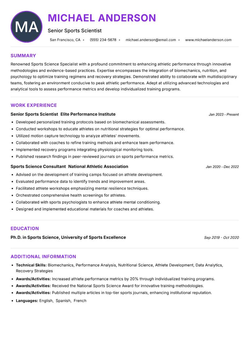 Sports Science Specialist Resume Preview Example