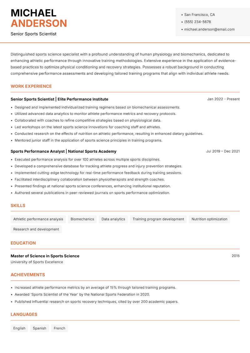 Sports Science Specialist Resume Template