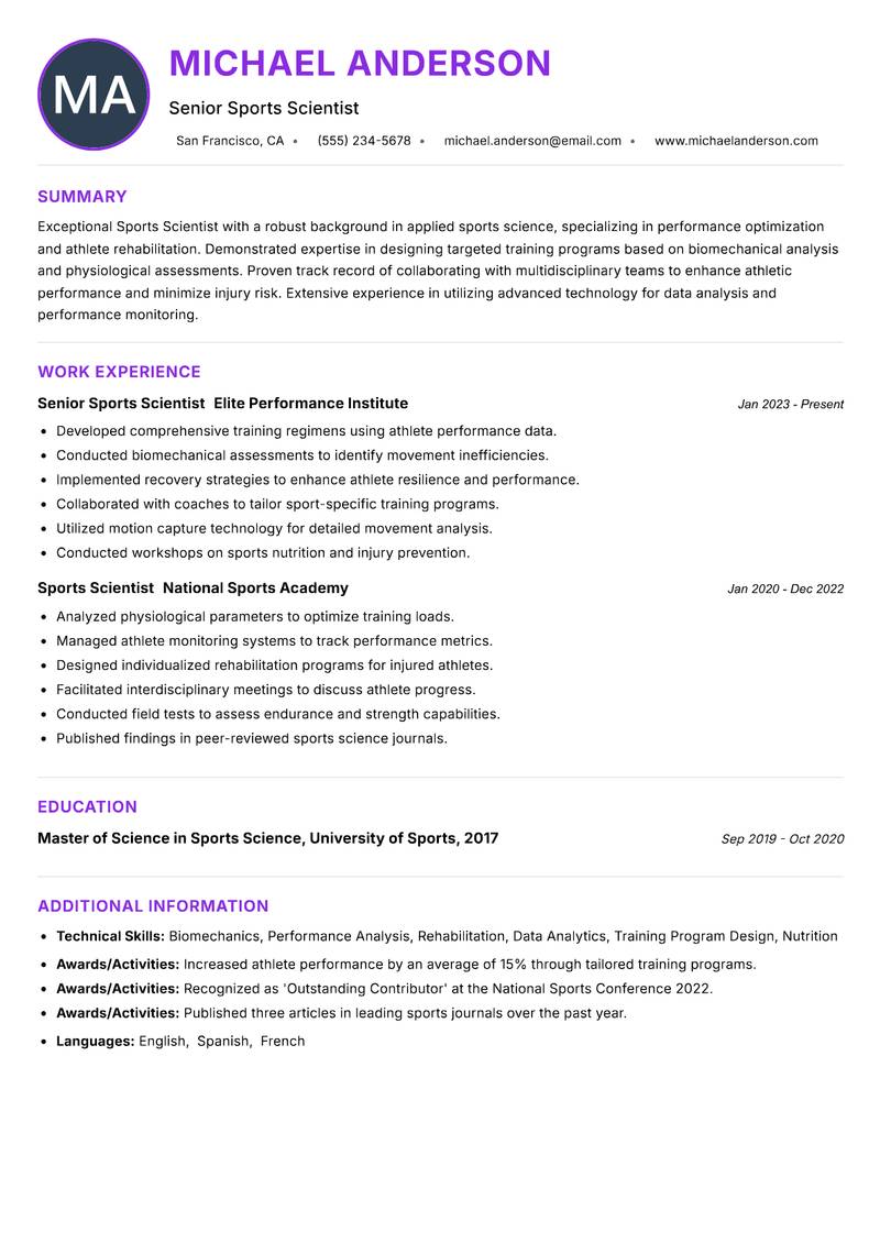 Sports Scientist Resume Preview Example