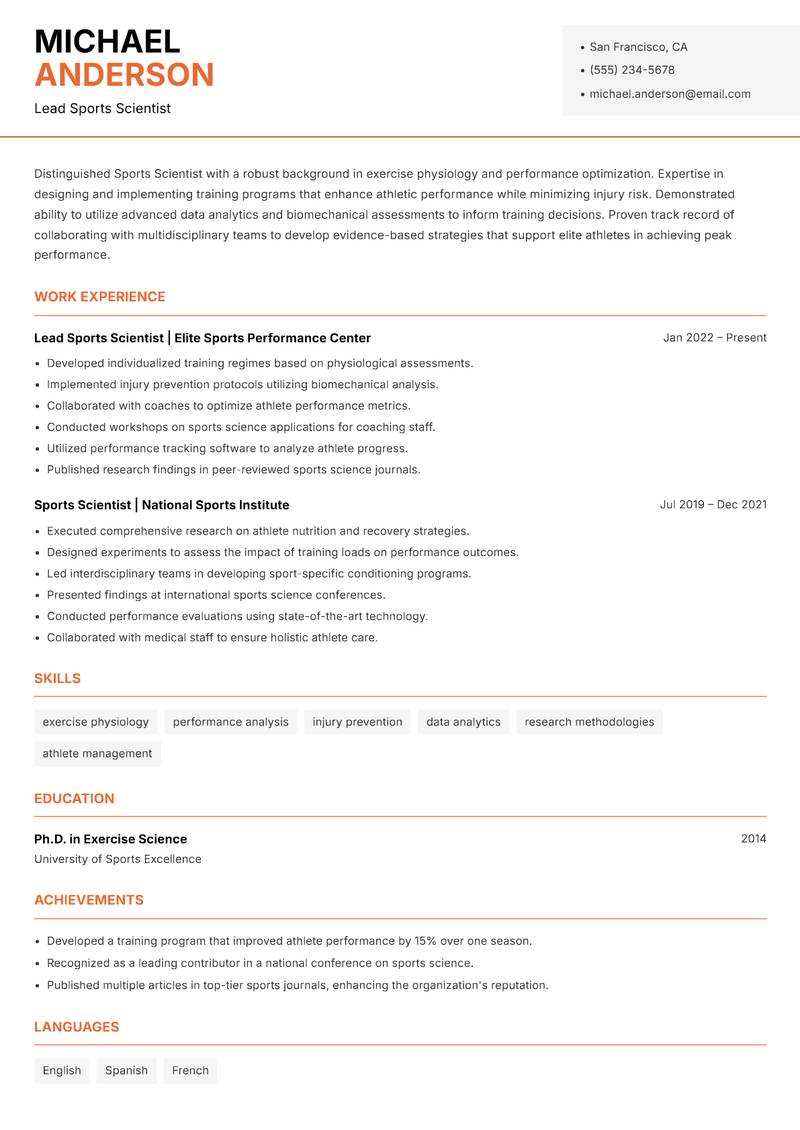 Sports Scientist Resume Template