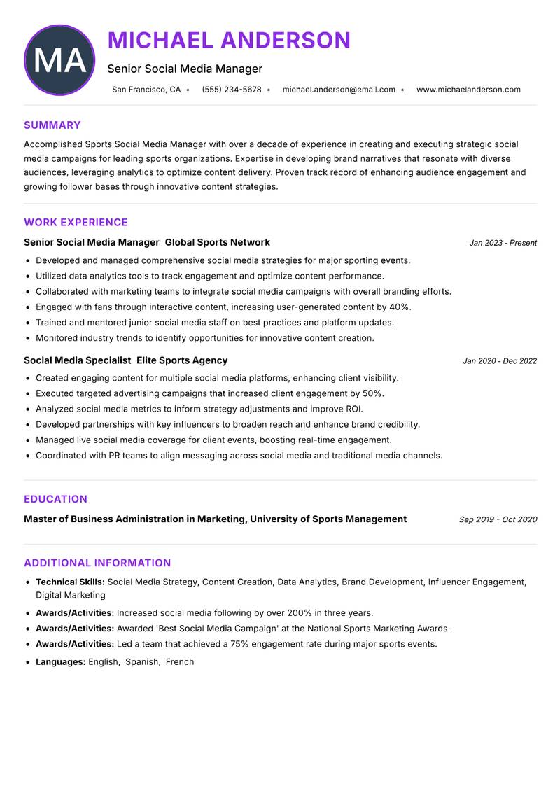Sports Social Media Manager Resume Preview Example