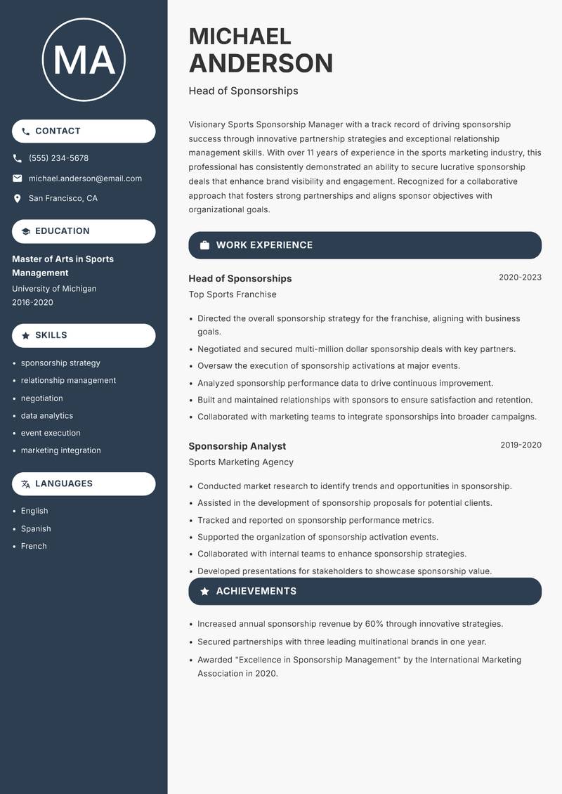 Sports Sponsorship Manager Resume Preview Example