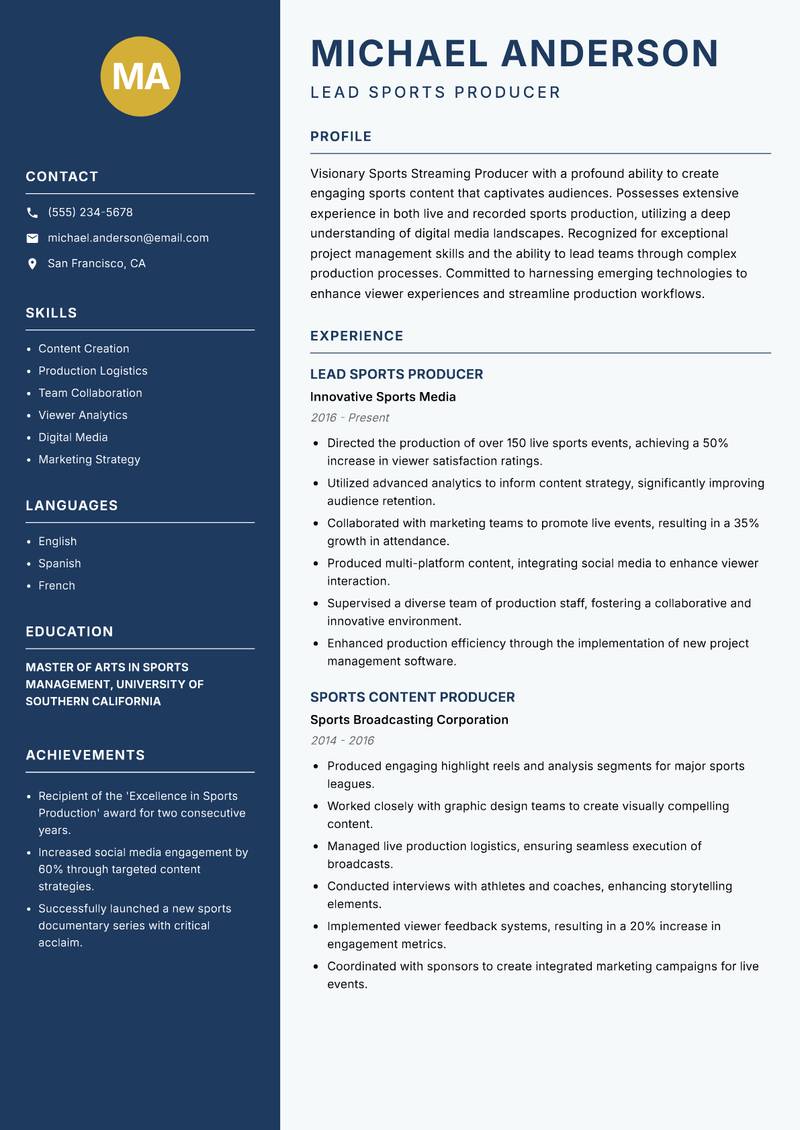 Sports Streaming Producer Resume Preview Example