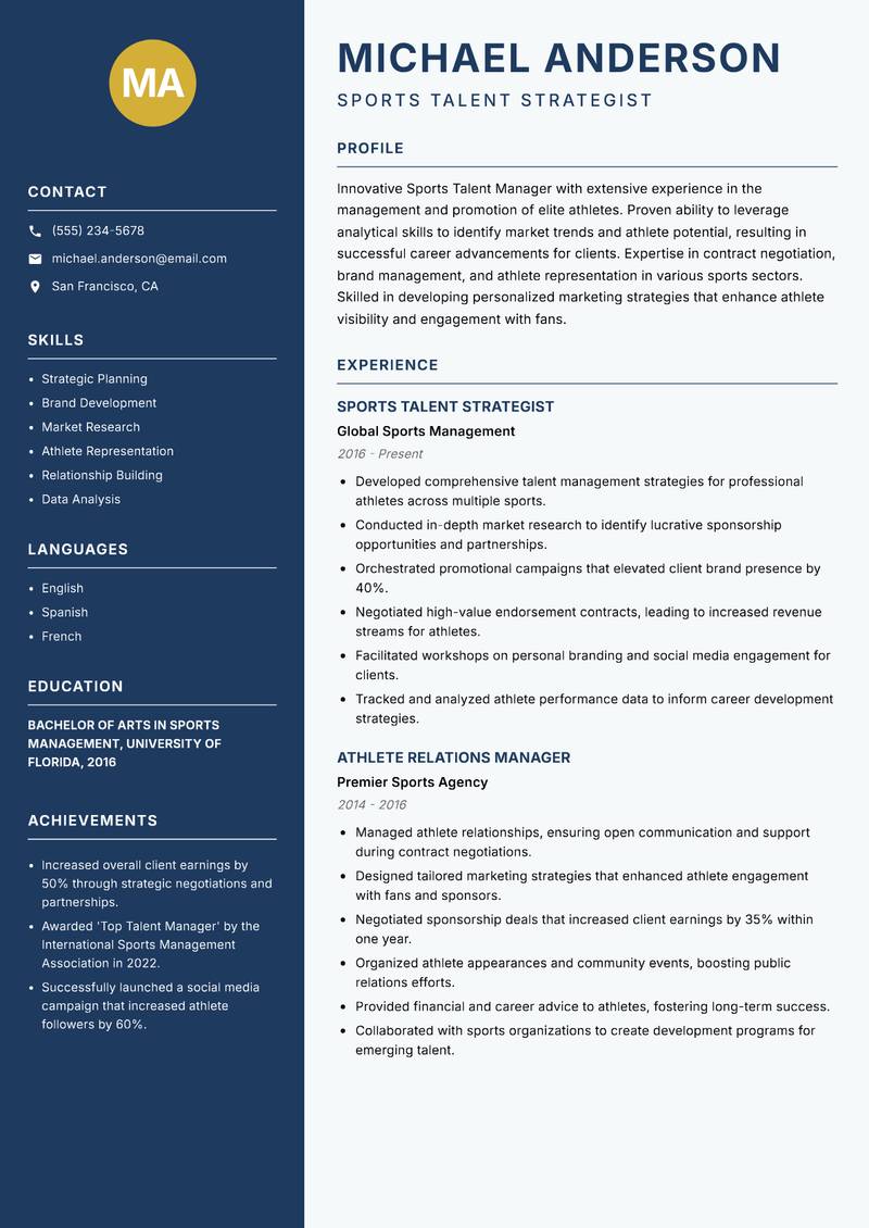 Sports Talent Manager Resume Preview Example
