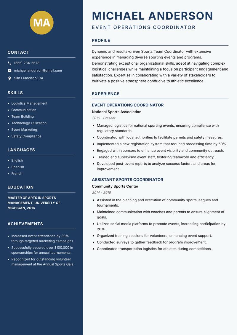 Sports Team Coordinator Resume Preview Example