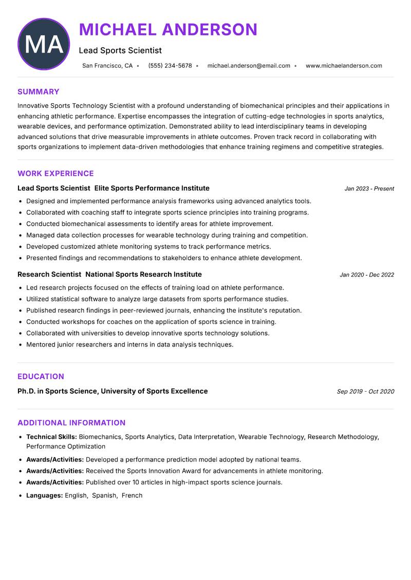 Sports Technology Scientist Resume Preview Example