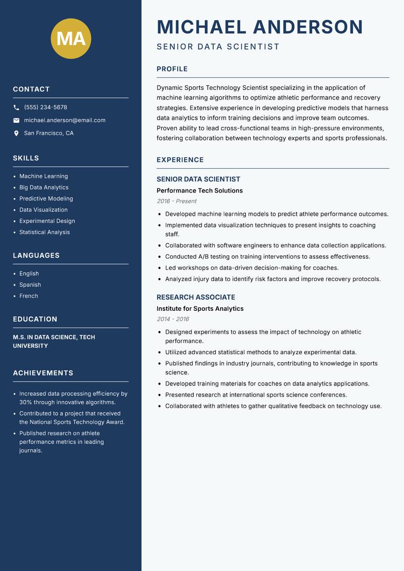 Sports Technology Scientist Resume Preview Example