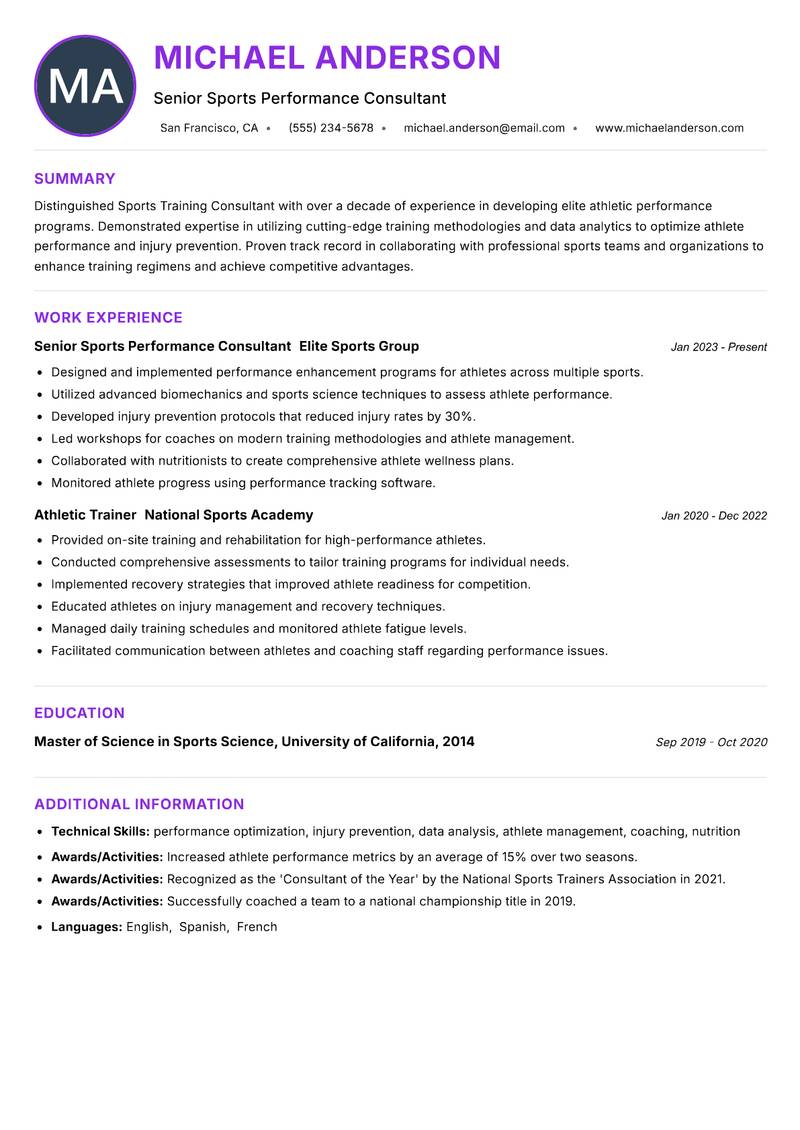 Sports Training Consultant Resume Preview Example
