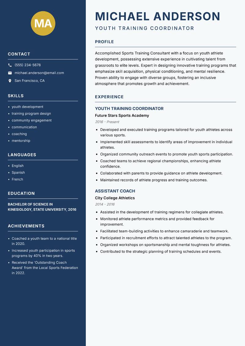 Sports Training Consultant Resume Preview Example