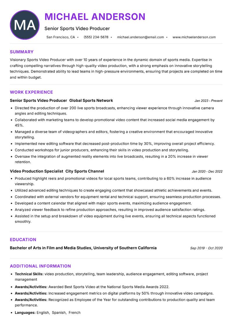 Sports Video Producer Resume Preview Example