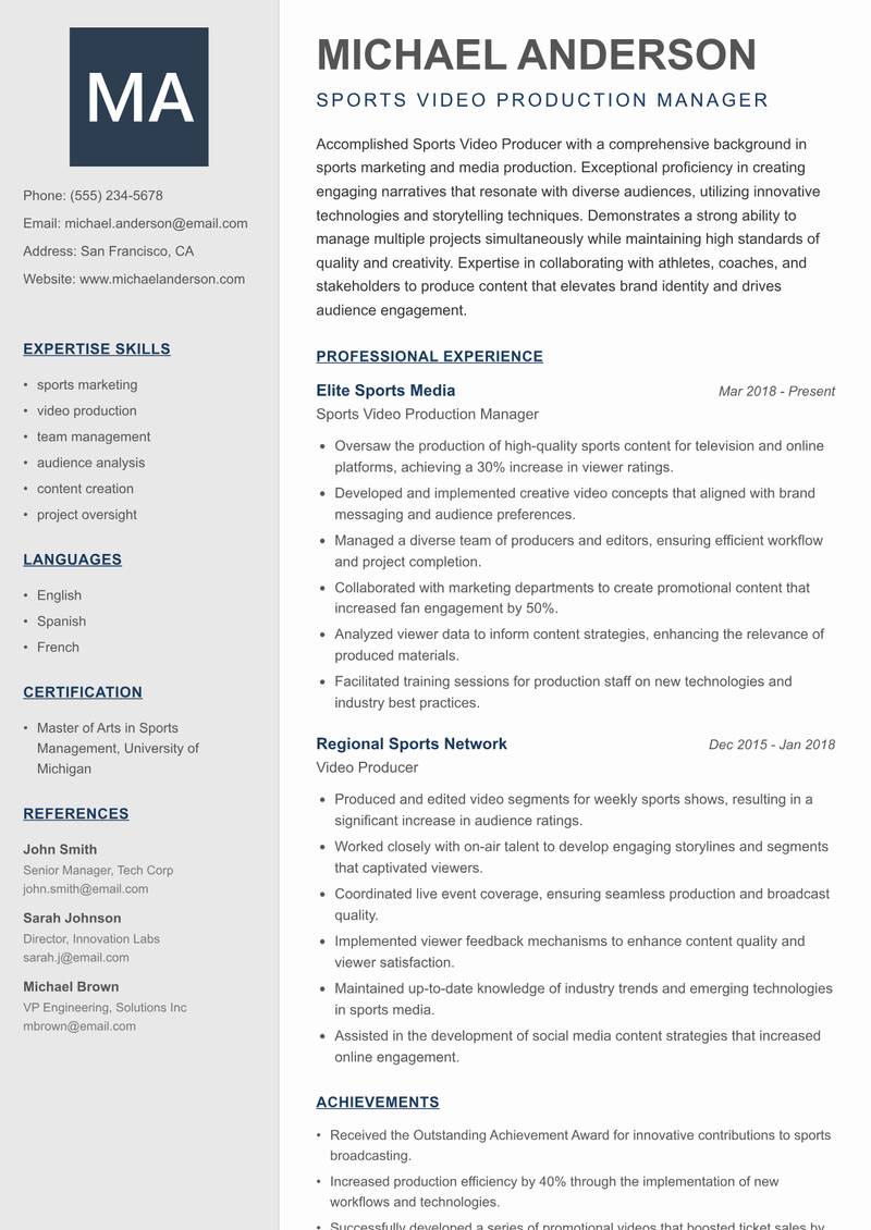 Sports Video Producer Resume Preview Example