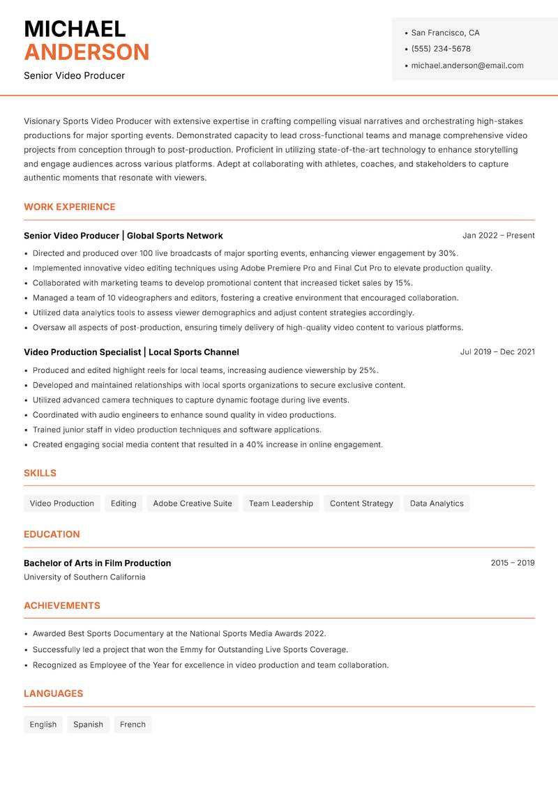 Sports Video Producer Resume Template