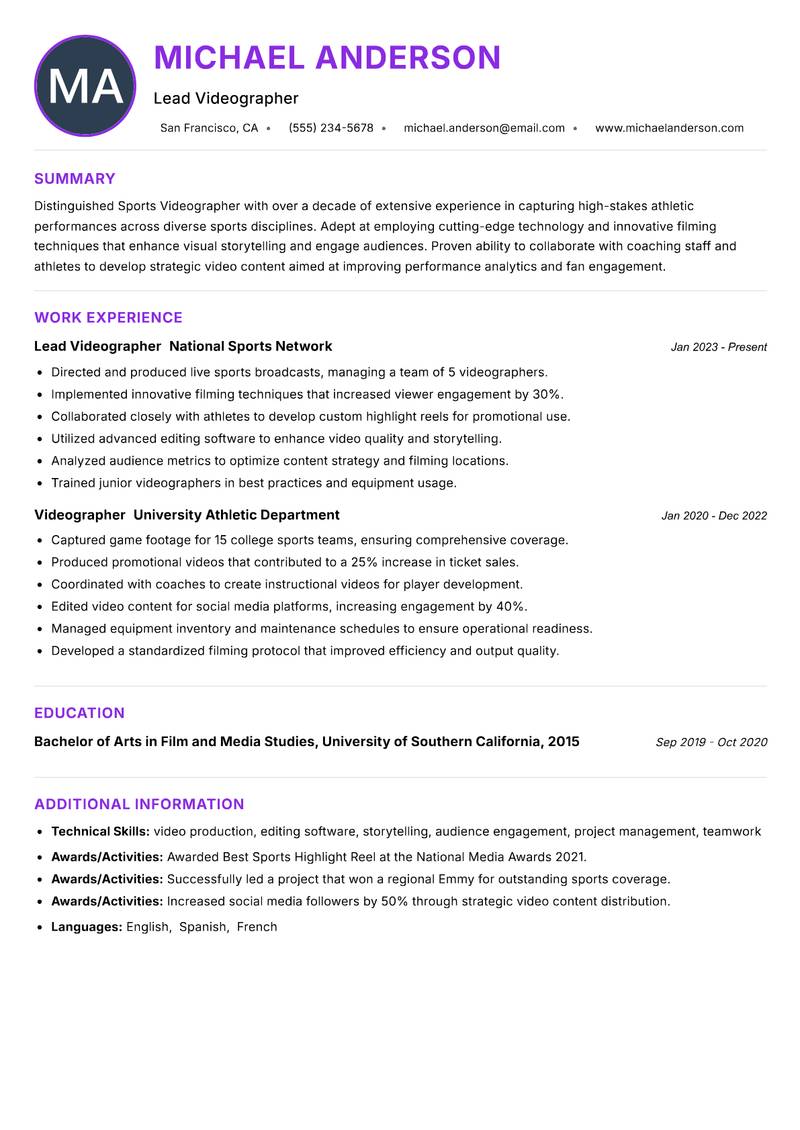 Sports Videographer Resume Preview Example