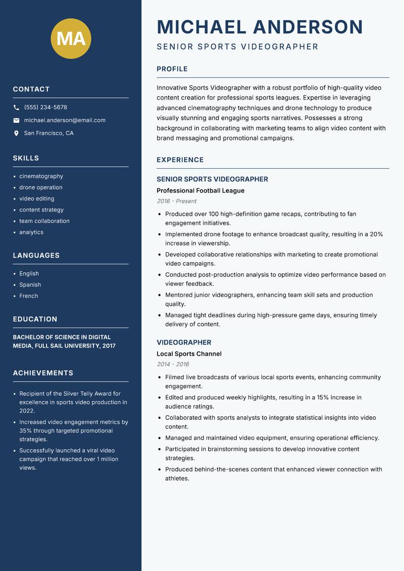 Sports Videographer Resume Preview Example