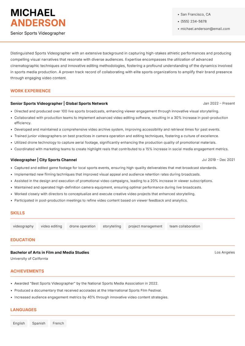 Sports Videographer Resume Template