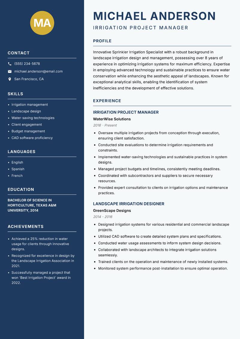 Sprinkler Irrigation Specialist Resume Preview Example