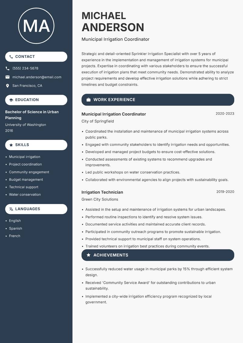 Sprinkler Irrigation Specialist Resume Preview Example