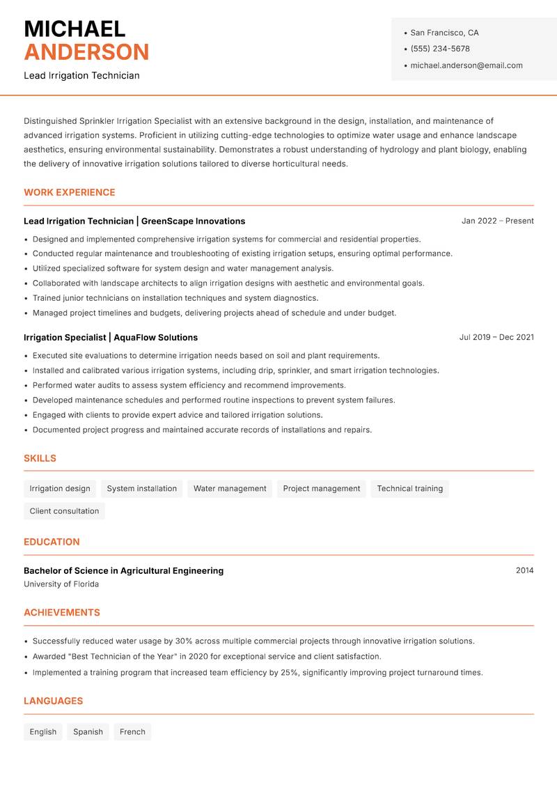 Sprinkler Irrigation Specialist Resume Template