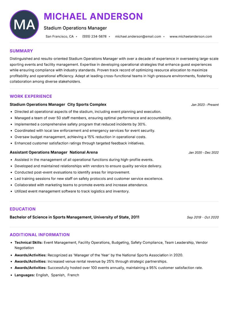 Stadium Operations Manager Resume Preview Example