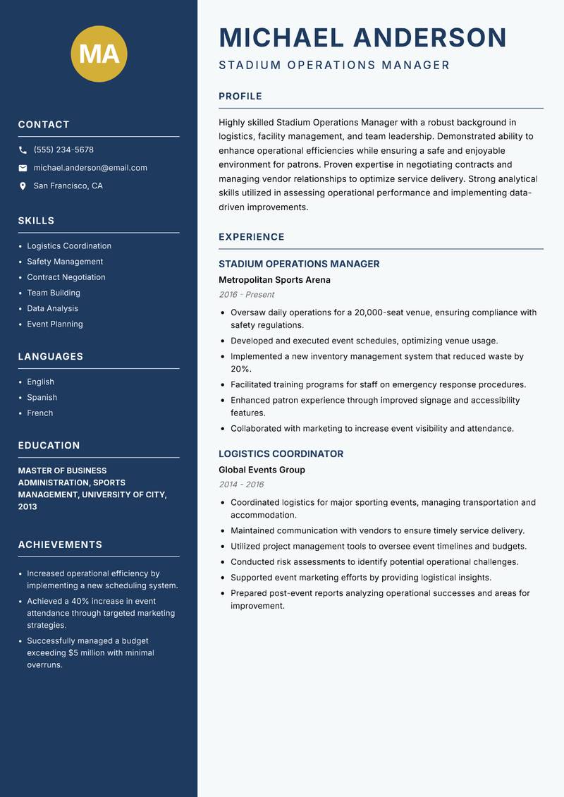Stadium Operations Manager Resume Preview Example